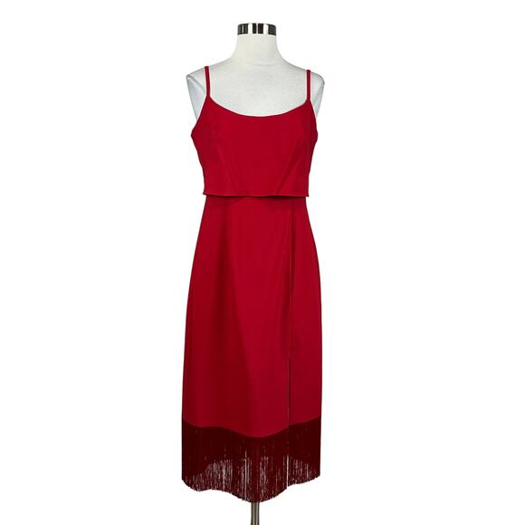 Adrianna Papell Women's Cocktail Dress Size 8 Red Crepe Fringe Trim Midi Sheath - Picture 1 of 14